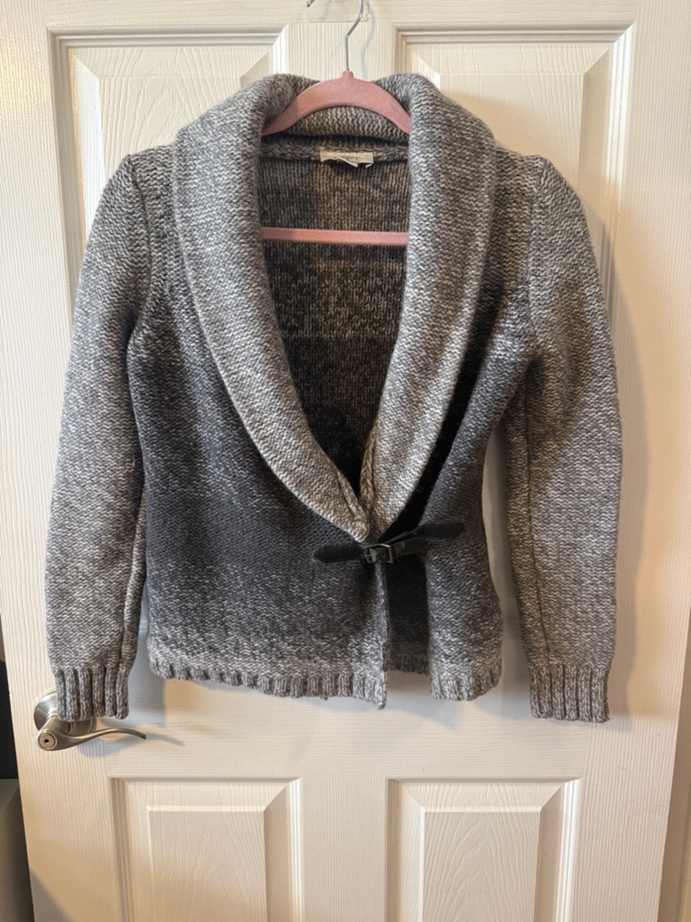 LOFT Gray Shawl-Collar Knit Cardigan with Buckle